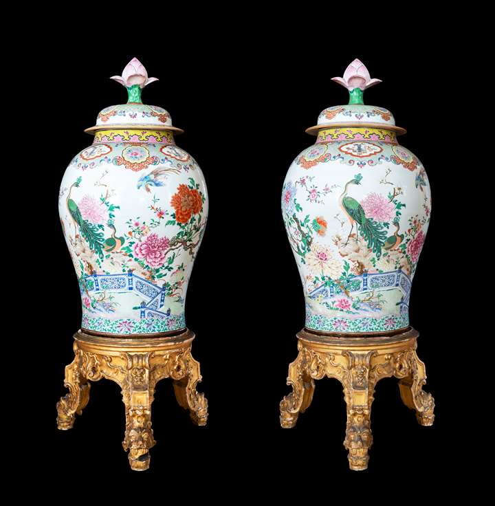 Pair of Magnificent Chinese porcelain famille rose vases and covers with lotus form knops